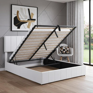 HomeRoots White Linen Upholstered Queen Bed Frame - Elegant Modern Design with Durable Comfort & Support 606518