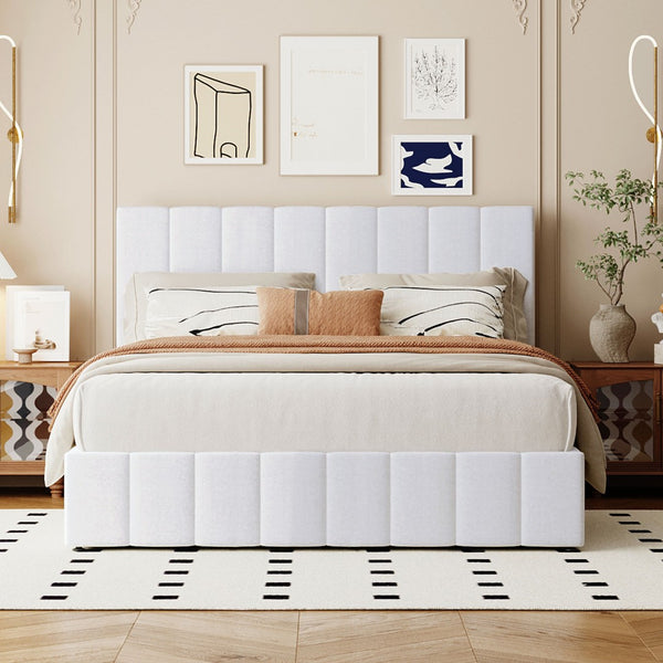 HomeRoots White Linen Upholstered Queen Bed Frame - Elegant Modern Design with Durable Comfort & Support 606518