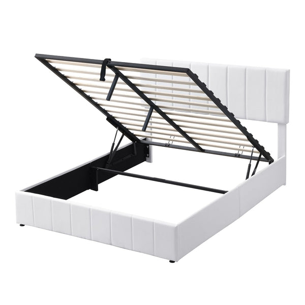 HomeRoots White Linen Upholstered Queen Bed Frame - Elegant Modern Design with Durable Comfort & Support 606518