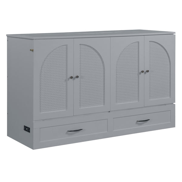 HomeRoots Gray Wood Queen Murphy Bed with Hidden Drawers – Space-Saving Elegance for Modern Living Rooms 606521