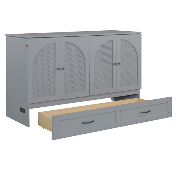 HomeRoots Gray Wood Queen Murphy Bed with Hidden Drawers – Space-Saving Elegance for Modern Living Rooms 606521