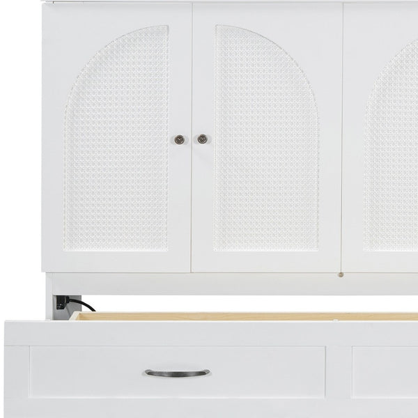 HomeRoots White Wood Queen Murphy Bed with Storage Drawers – Versatile Space-Saving Design for Elegant Bedrooms 606523