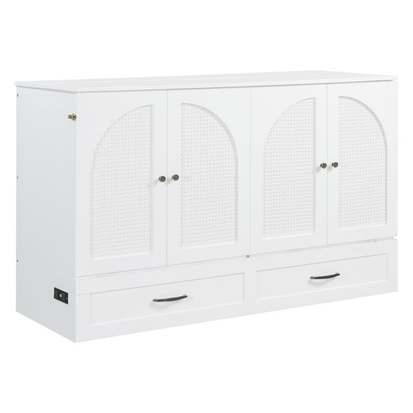 HomeRoots White Wood Queen Murphy Bed with Storage Drawers – Versatile Space-Saving Design for Elegant Bedrooms 606523