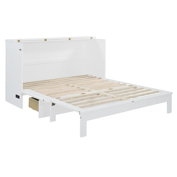 HomeRoots White Wood Queen Murphy Bed with Storage Drawers – Versatile Space-Saving Design for Elegant Bedrooms 606523