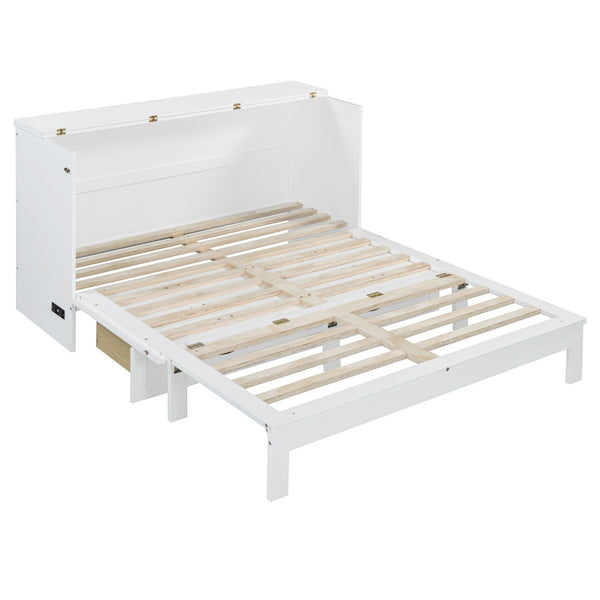 HomeRoots White Wood Queen Murphy Bed with Storage Drawers – Versatile Space-Saving Design for Elegant Bedrooms 606523