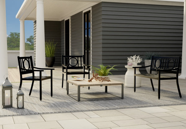HomeRoots 24" Black Steel Geo Back Outdoor Arm Chair - Stylish, Durable, and Versatile Seating for Modern Patios 606527
