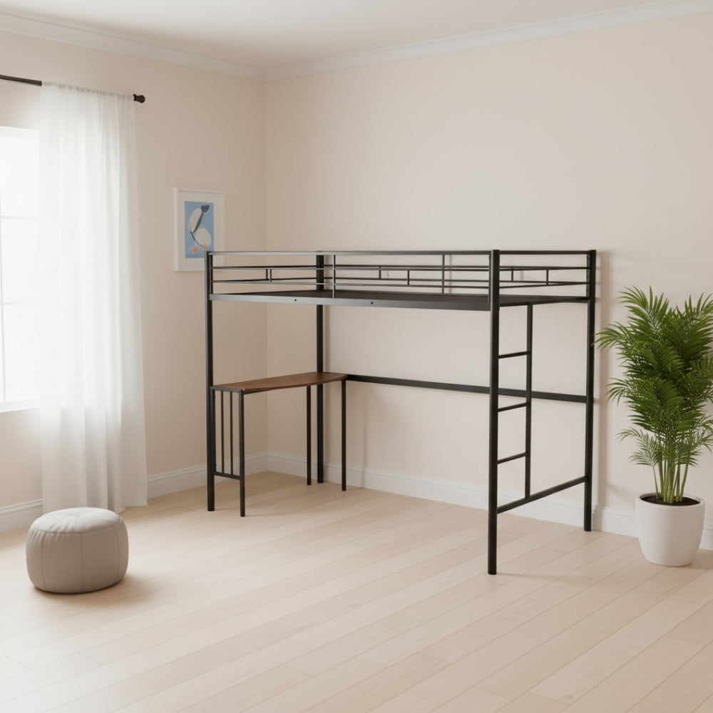 HomeRoots Black Slat Metal Twin Loft Bed with Integrated Desk – Space-Saving Design for Modern Bedrooms 606529