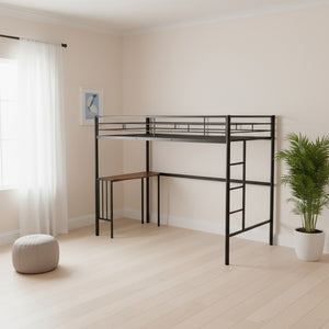 HomeRoots Black Slat Metal Twin Loft Bed with Integrated Desk – Space-Saving Design for Modern Bedrooms 606529