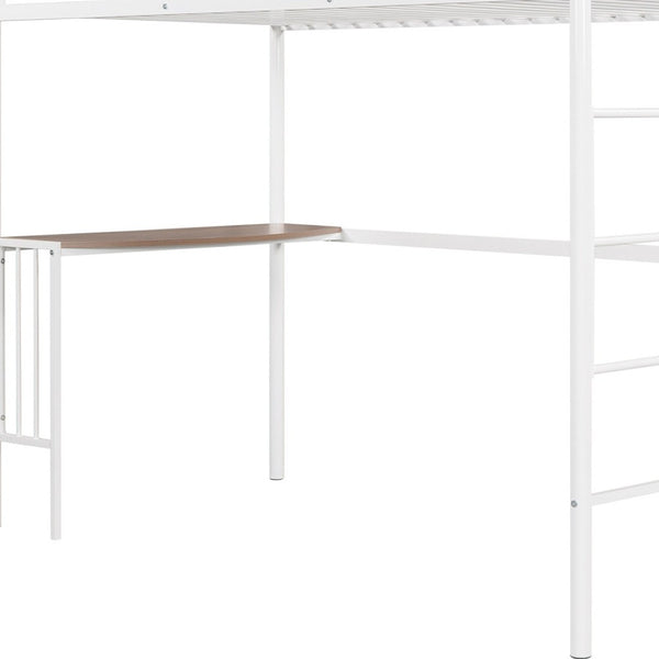 HomeRoots White Slat Metal Twin Loft Bed with Integrated Desk - Stylish Space-Saving Design for Small Rooms 606530