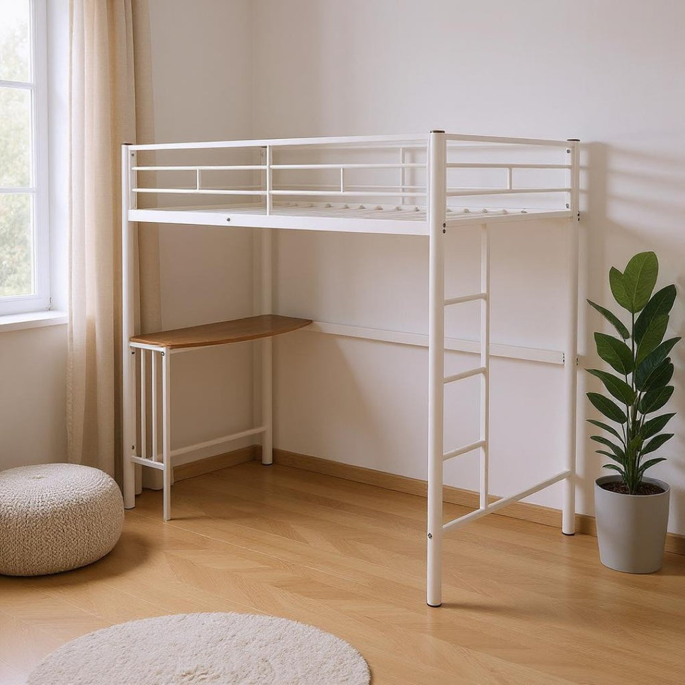 HomeRoots White Slat Metal Twin Loft Bed with Integrated Desk - Stylish Space-Saving Design for Small Rooms 606530