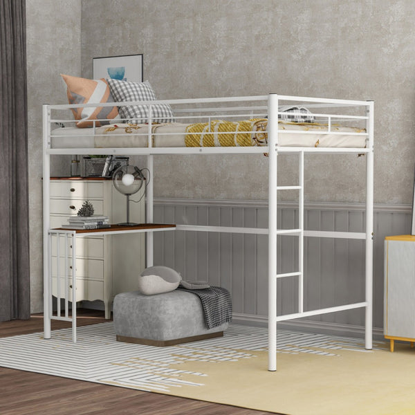 HomeRoots White Slat Metal Twin Loft Bed with Integrated Desk - Stylish Space-Saving Design for Small Rooms 606530