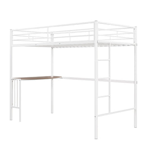 HomeRoots White Slat Metal Twin Loft Bed with Integrated Desk - Stylish Space-Saving Design for Small Rooms 606530