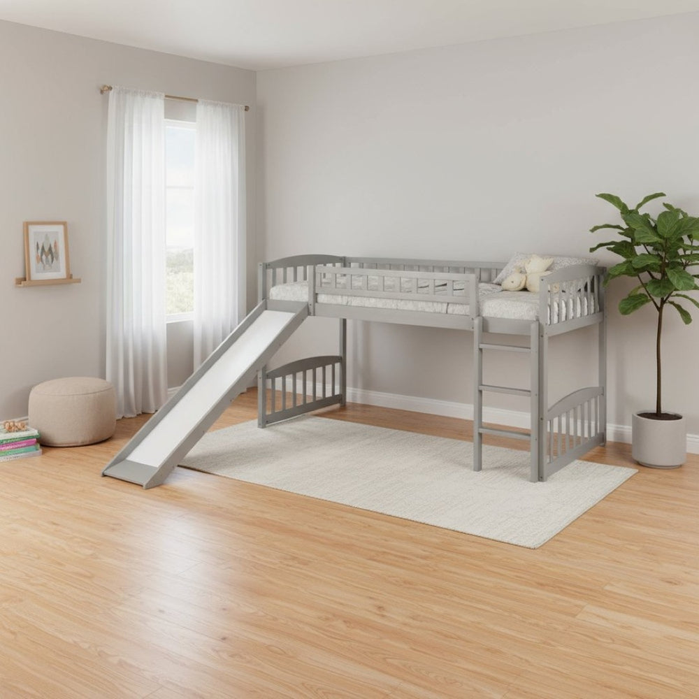 HomeRoots Gray Solid Wood Twin Loft Bed with Slide – Space-Saving Design for Kids' Rooms, Play Areas & More! 606532