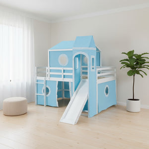 HomeRoots Blue Canopy Solid Wood Full Double Loft Bed with Slide - Stylish, Durable, Space-Saving Fun for Kids! 606533