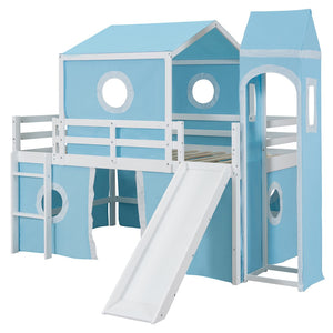 HomeRoots Blue Canopy Solid Wood Full Double Loft Bed with Slide - Stylish, Durable, Space-Saving Fun for Kids! 606533