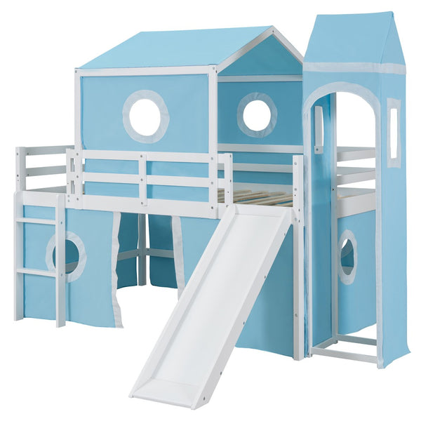 HomeRoots Blue Canopy Solid Wood Full Double Loft Bed with Slide - Stylish, Durable, Space-Saving Fun for Kids! 606533