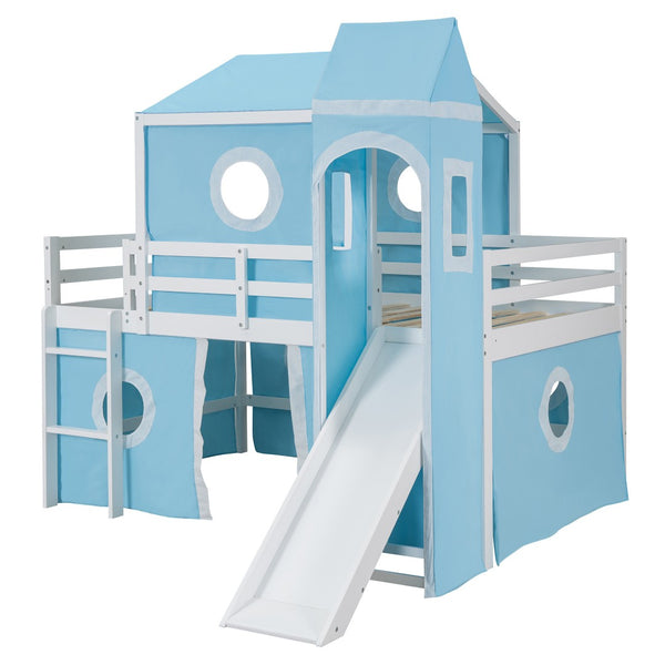 HomeRoots Blue Canopy Solid Wood Full Double Loft Bed with Slide - Stylish, Durable, Space-Saving Fun for Kids! 606533