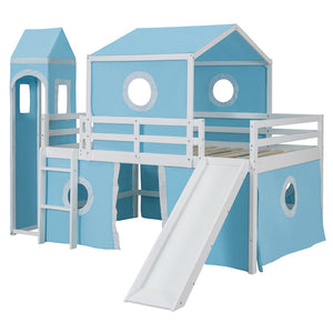 HomeRoots Blue Canopy Solid Wood Full Double Loft Bed with Slide - Stylish, Durable, Space-Saving Fun for Kids! 606533