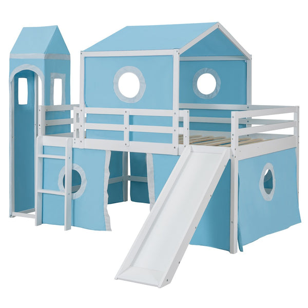 HomeRoots Blue Canopy Solid Wood Full Double Loft Bed with Slide - Stylish, Durable, Space-Saving Fun for Kids! 606533