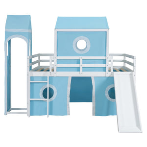 HomeRoots Blue Canopy Solid Wood Full Double Loft Bed with Slide - Stylish, Durable, Space-Saving Fun for Kids! 606533