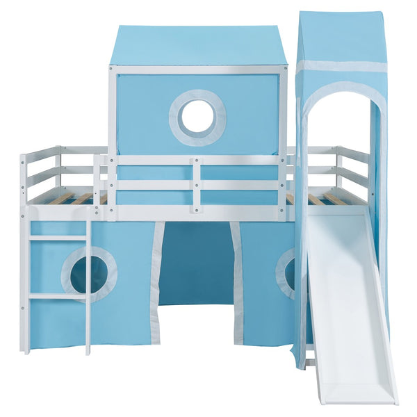 HomeRoots Blue Canopy Solid Wood Full Double Loft Bed with Slide - Stylish, Durable, Space-Saving Fun for Kids! 606533