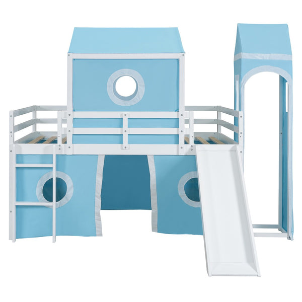 HomeRoots Blue Canopy Solid Wood Full Double Loft Bed with Slide - Stylish, Durable, Space-Saving Fun for Kids! 606533