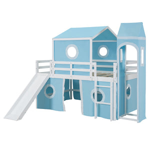 HomeRoots Blue Canopy Solid Wood Full Double Loft Bed with Slide - Stylish, Durable, Space-Saving Fun for Kids! 606533