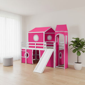 HomeRoots Pink Loft Bed with Built-in Slide - Solid Wood Full Double Bed for Kids' Room, Space-Saving Design 606534