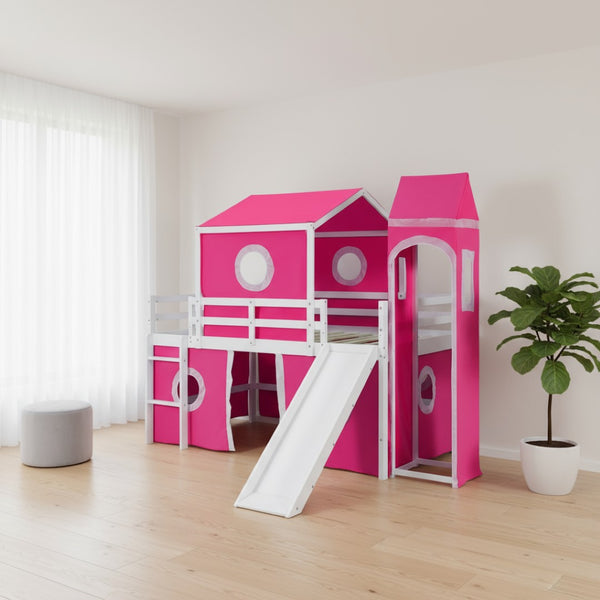HomeRoots Pink Loft Bed with Built-in Slide - Solid Wood Full Double Bed for Kids' Room, Space-Saving Design 606534