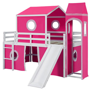 HomeRoots Pink Loft Bed with Built-in Slide - Solid Wood Full Double Bed for Kids' Room, Space-Saving Design 606534