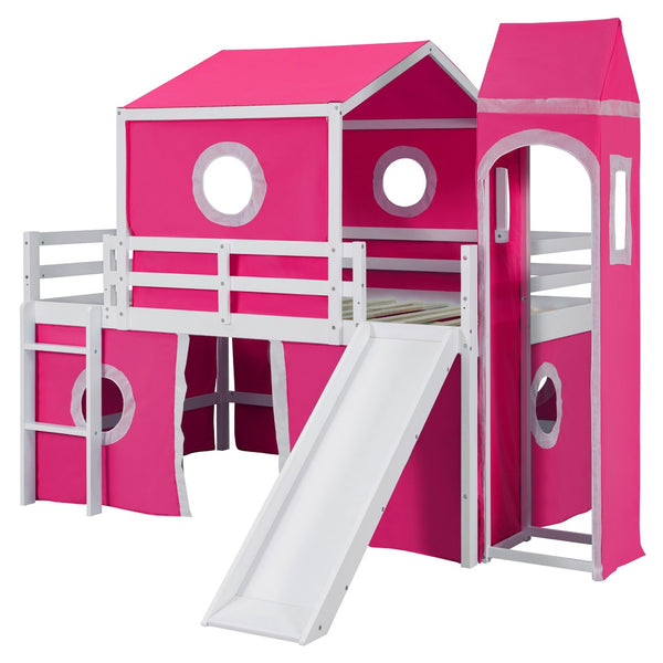 HomeRoots Pink Loft Bed with Built-in Slide - Solid Wood Full Double Bed for Kids' Room, Space-Saving Design 606534