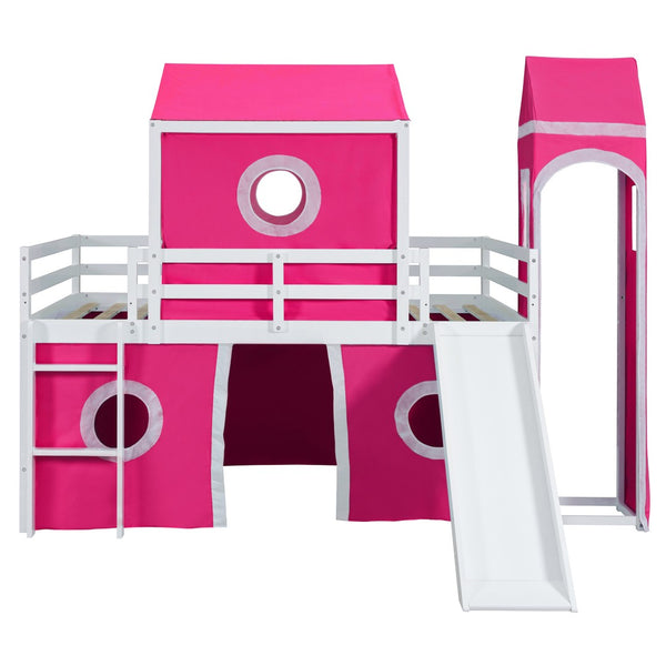 HomeRoots Pink Loft Bed with Built-in Slide - Solid Wood Full Double Bed for Kids' Room, Space-Saving Design 606534