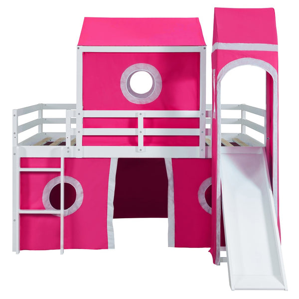 HomeRoots Pink Loft Bed with Built-in Slide - Solid Wood Full Double Bed for Kids' Room, Space-Saving Design 606534