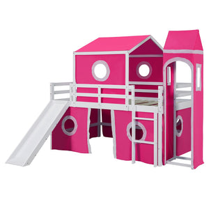 HomeRoots Pink Loft Bed with Built-in Slide - Solid Wood Full Double Bed for Kids' Room, Space-Saving Design 606534