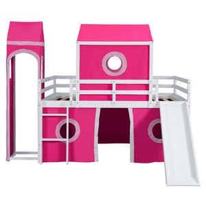 HomeRoots Pink Loft Bed with Built-in Slide - Solid Wood Full Double Bed for Kids' Room, Space-Saving Design 606534