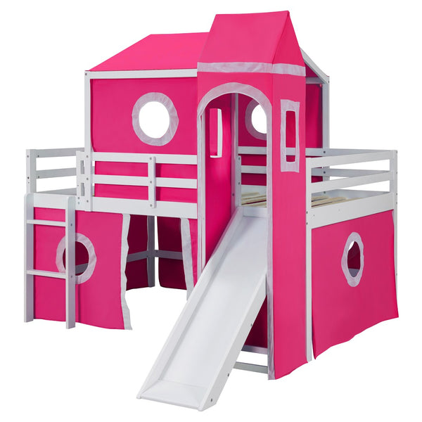 HomeRoots Pink Loft Bed with Built-in Slide - Solid Wood Full Double Bed for Kids' Room, Space-Saving Design 606534
