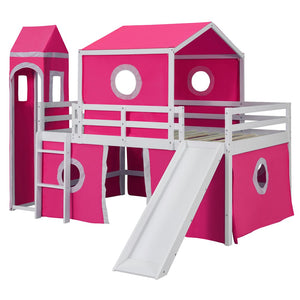 HomeRoots Pink Loft Bed with Built-in Slide - Solid Wood Full Double Bed for Kids' Room, Space-Saving Design 606534