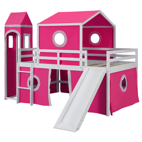 HomeRoots Pink Loft Bed with Built-in Slide - Solid Wood Full Double Bed for Kids' Room, Space-Saving Design 606534