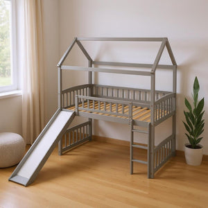 HomeRoots Gray Canopy Twin Loft Bed with Slide - Stylish Solid Wood Design for Fun, Space-Saving Bedrooms 606535