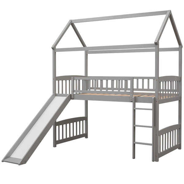 HomeRoots Gray Canopy Twin Loft Bed with Slide - Stylish Solid Wood Design for Fun, Space-Saving Bedrooms 606535