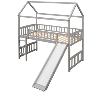 HomeRoots Gray Canopy Twin Loft Bed with Slide - Stylish Solid Wood Design for Fun, Space-Saving Bedrooms 606535
