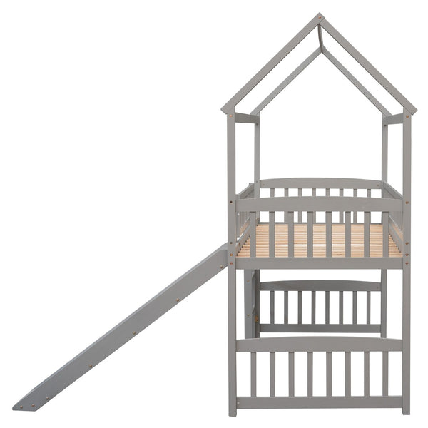 HomeRoots Gray Canopy Twin Loft Bed with Slide - Stylish Solid Wood Design for Fun, Space-Saving Bedrooms 606535