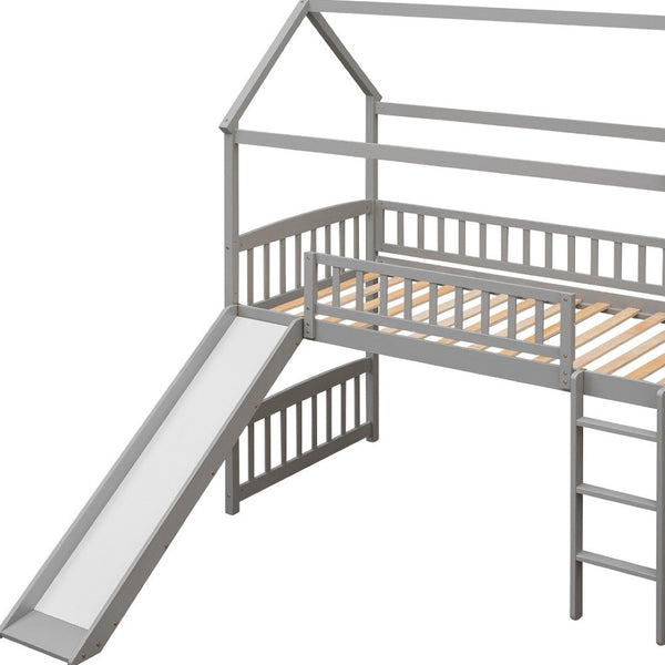 HomeRoots Gray Canopy Twin Loft Bed with Slide - Stylish Solid Wood Design for Fun, Space-Saving Bedrooms 606535
