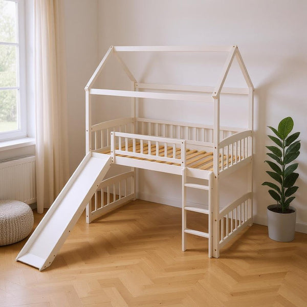 HomeRoots White Canopy Solid Wood Twin Loft Bed with Slide - Stylish, Durable, and Perfect for Playful Bedrooms 606536