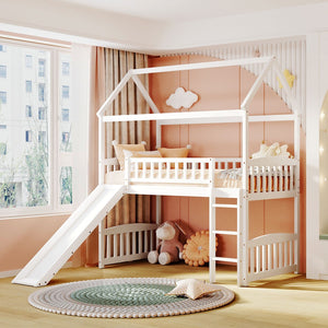 HomeRoots White Canopy Solid Wood Twin Loft Bed with Slide - Stylish, Durable, and Perfect for Playful Bedrooms 606536