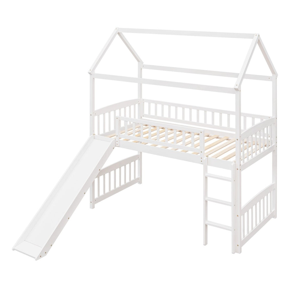 HomeRoots White Canopy Solid Wood Twin Loft Bed with Slide - Stylish, Durable, and Perfect for Playful Bedrooms 606536