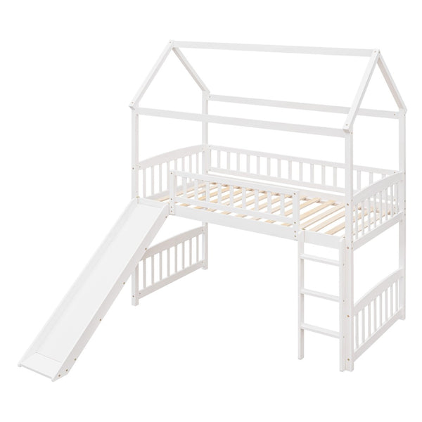 HomeRoots White Canopy Solid Wood Twin Loft Bed with Slide - Stylish, Durable, and Perfect for Playful Bedrooms 606536