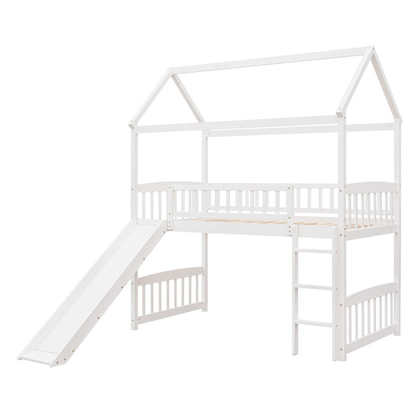 HomeRoots White Canopy Solid Wood Twin Loft Bed with Slide - Stylish, Durable, and Perfect for Playful Bedrooms 606536