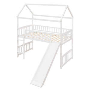 HomeRoots White Canopy Solid Wood Twin Loft Bed with Slide - Stylish, Durable, and Perfect for Playful Bedrooms 606536