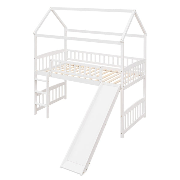 HomeRoots White Canopy Solid Wood Twin Loft Bed with Slide - Stylish, Durable, and Perfect for Playful Bedrooms 606536